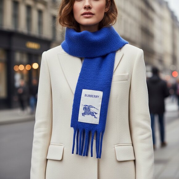 NWT GIFTABLE Burberry Fringe wool Scarf blue pristine condition - Picture 2 of 11